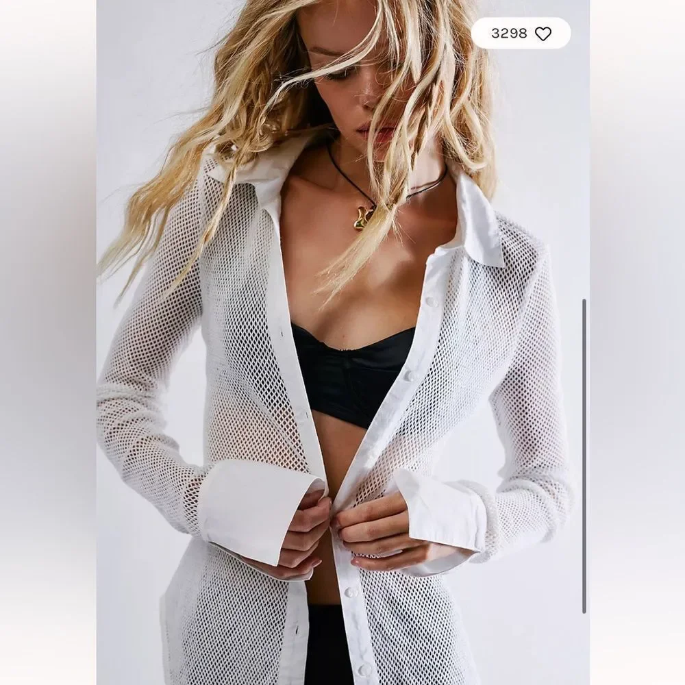Free People White Siggi Open Knit Button Down Shirt Top Small